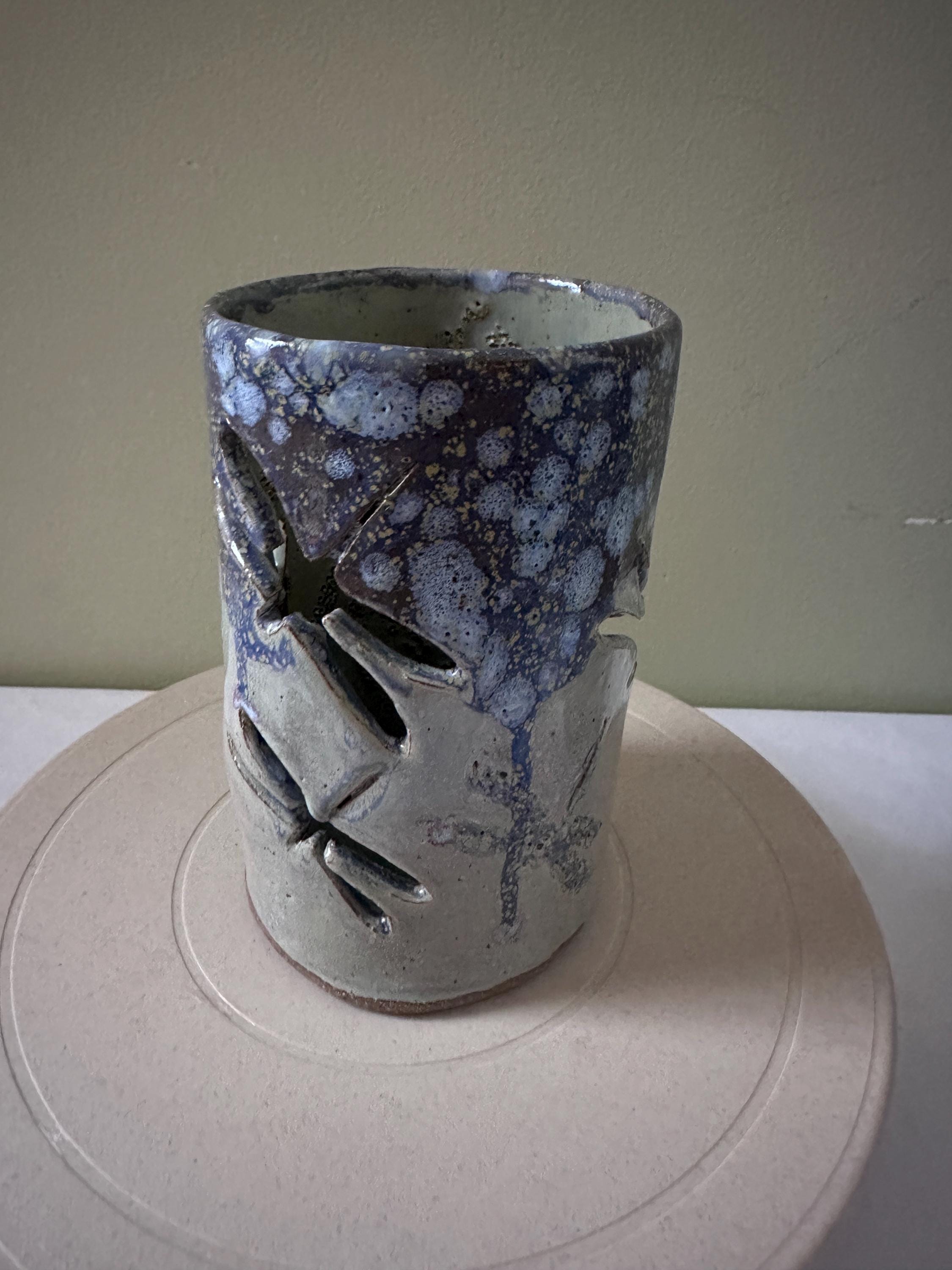 Dragonfly Pottery Votive: Hand Carved Luminary, Starry Night Glaze