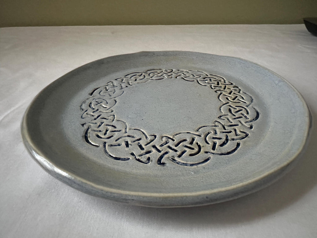 Hand Carved Celtic Knot Dish: Pale Blue Glaze