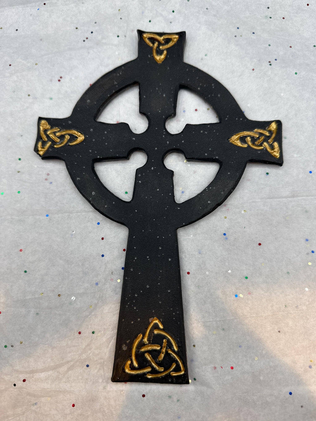 Hand Crafted Celtic Cross: Matte Black & Gold Gilded Pottery