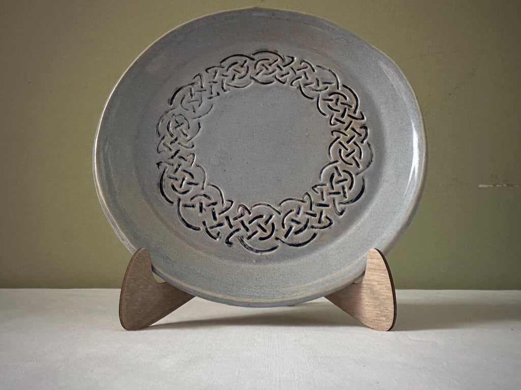 Hand Carved Celtic Knot Dish: Pale Blue Glaze