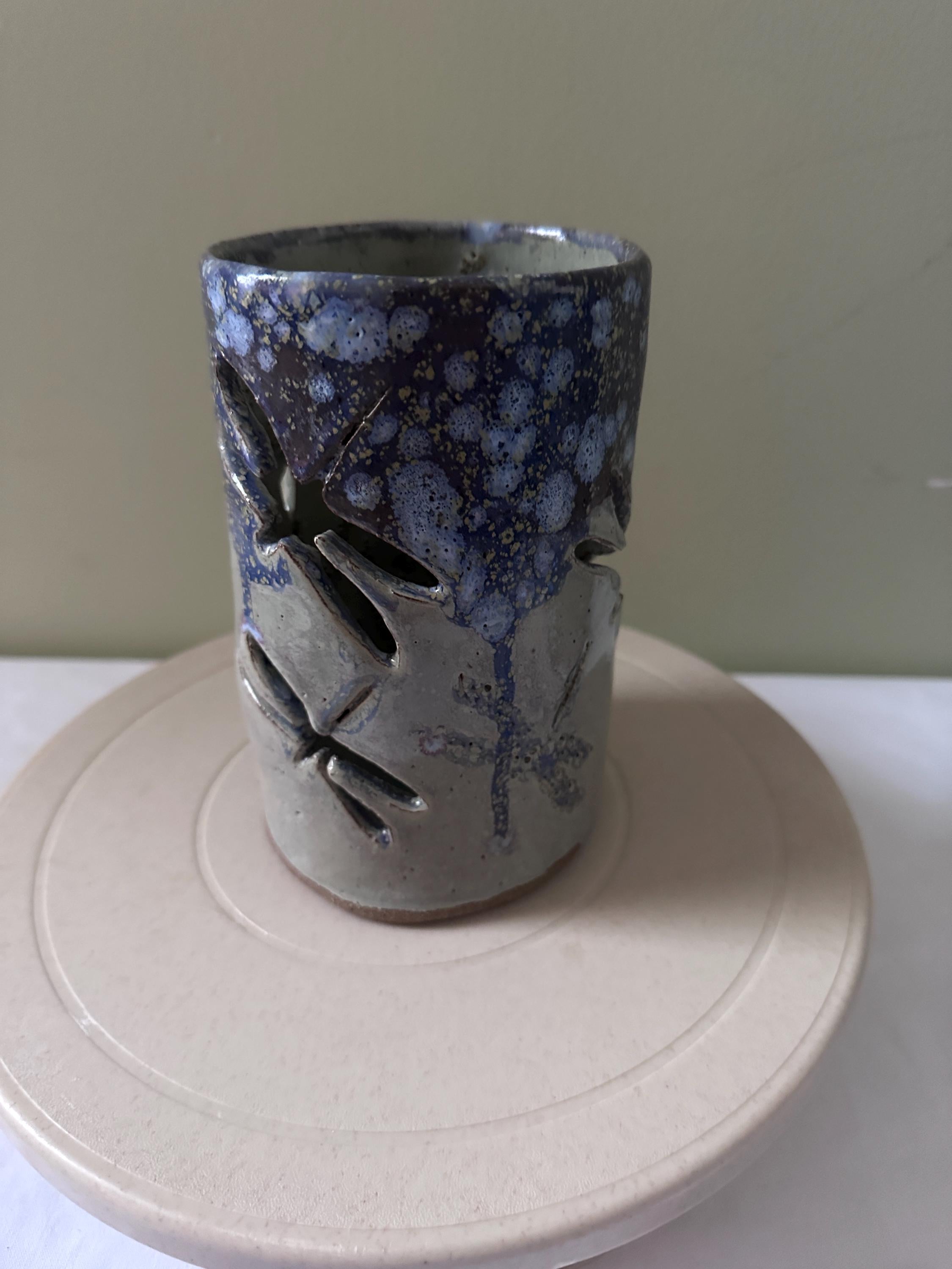 Dragonfly Pottery Votive: Hand Carved Luminary, Starry Night Glaze