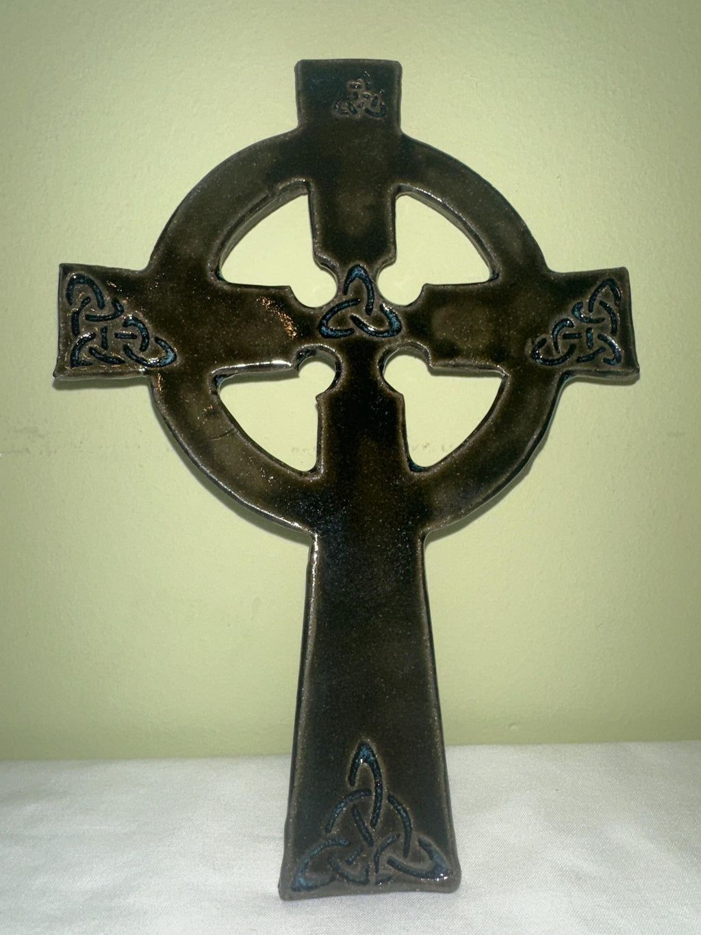 Hand Carved Celtic Cross: Moss Green Glaze, Ready to Hang