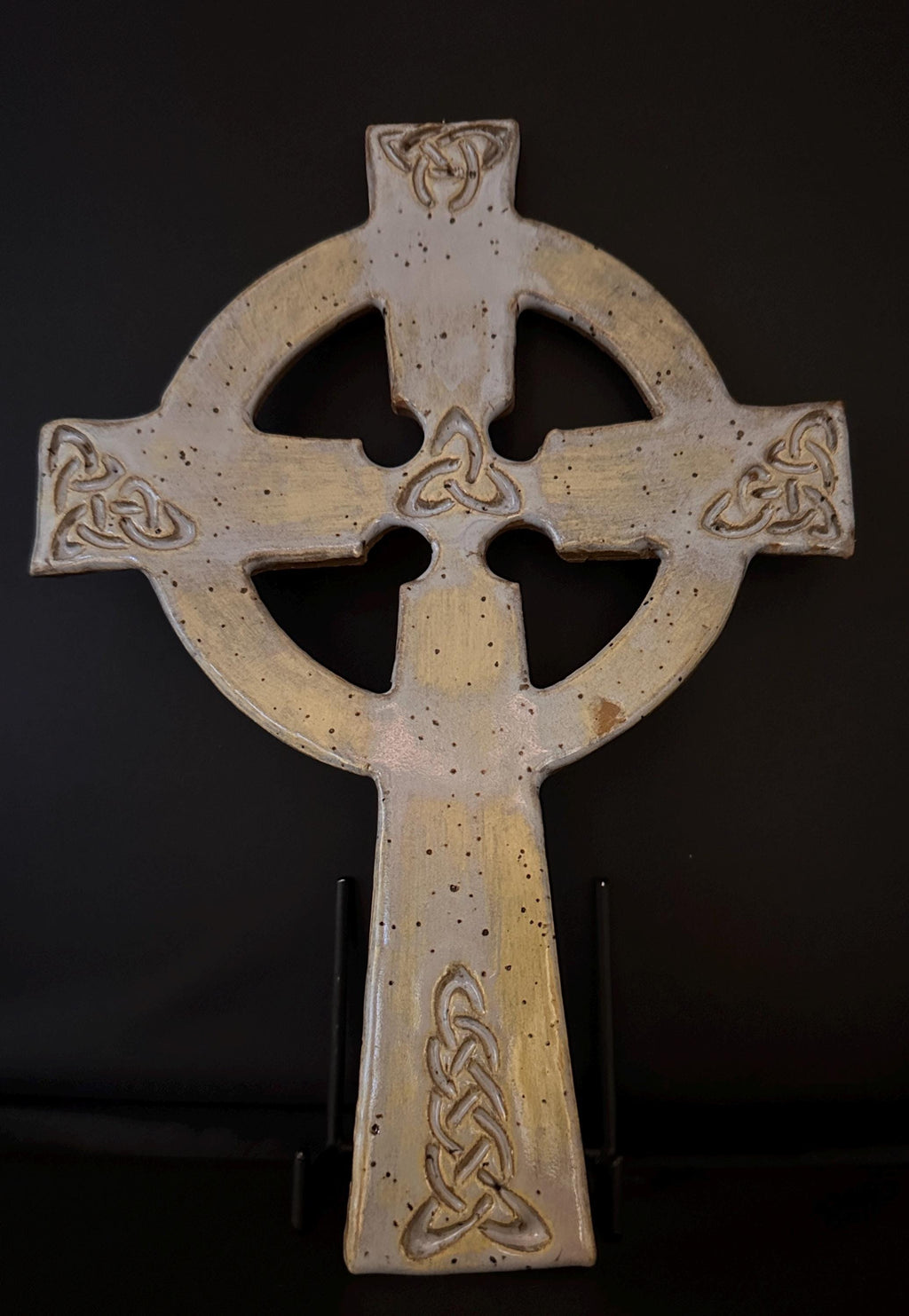 Hand Crafted Celtic Cross: Mottled Green Pottery Wall Decor