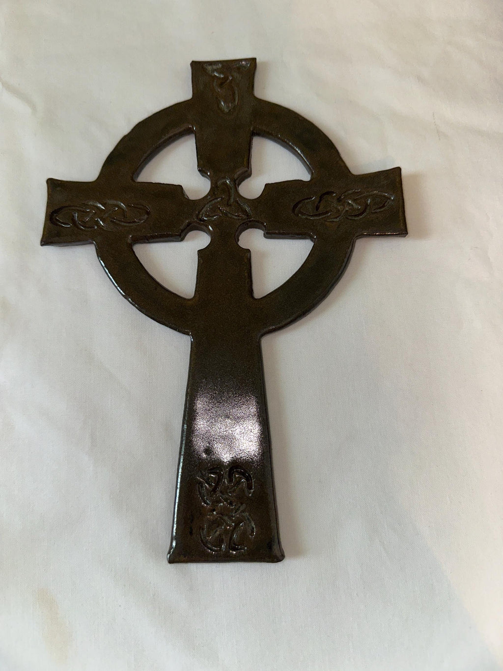 Hand Carved Celtic Cross: Moss Green Glaze, Ready to Hang