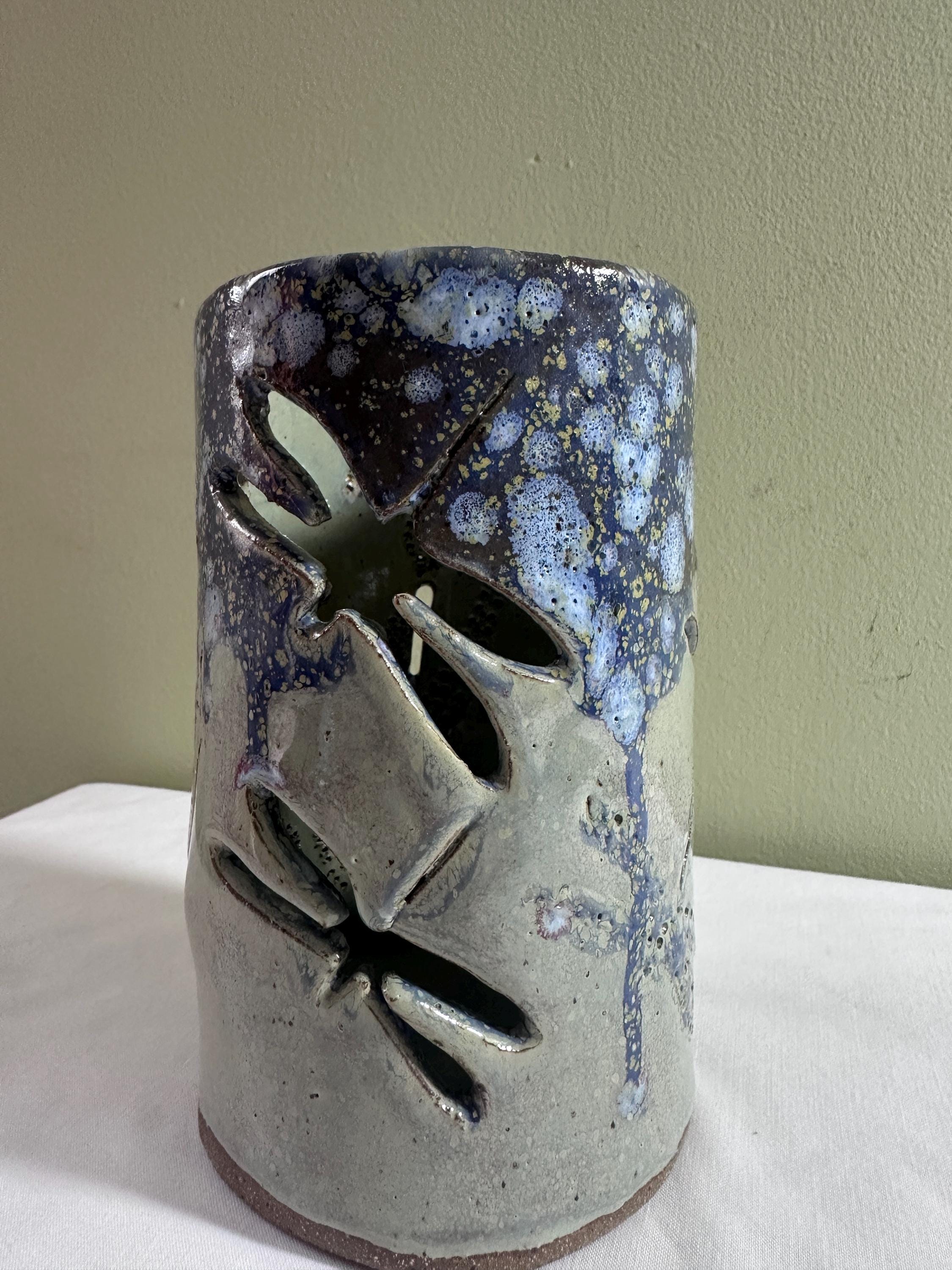 Dragonfly Pottery Votive: Hand Carved Luminary, Starry Night Glaze