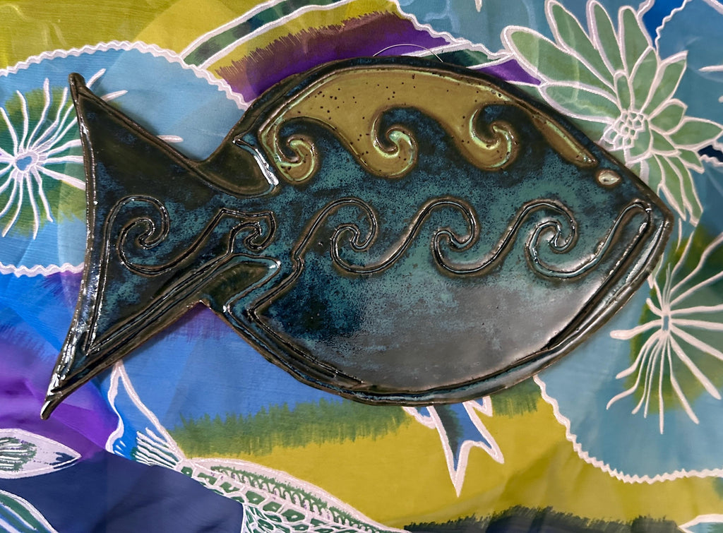 Carved Fishtown Fish Sculpture: Mottled Turquoise Glaze
