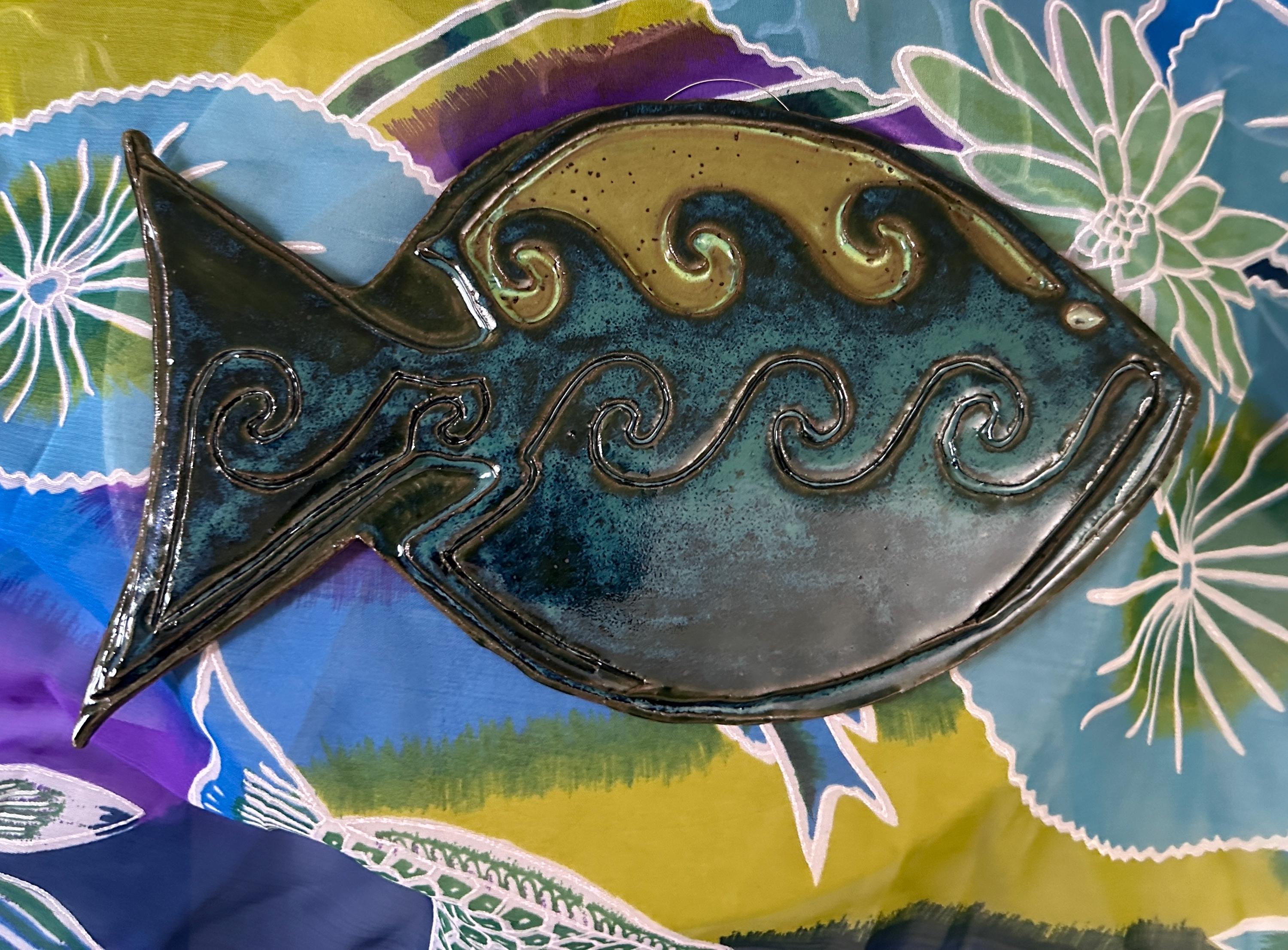 Carved Fishtown Fish Sculpture: Mottled Turquoise Glaze