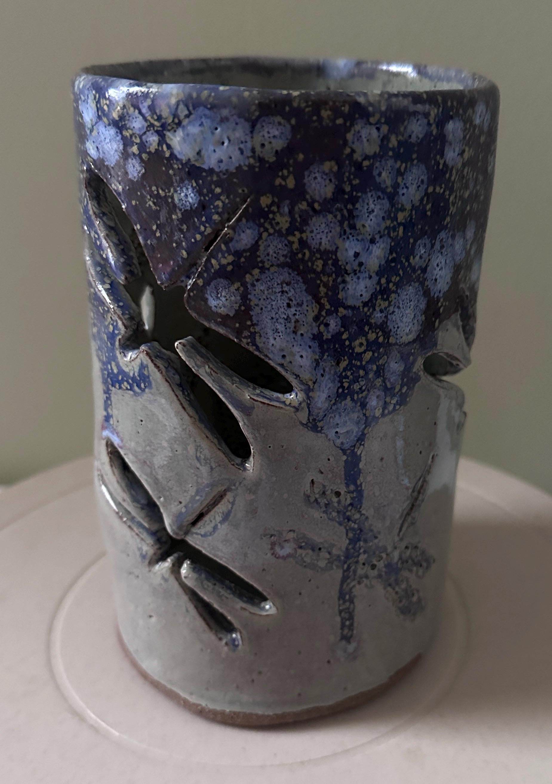 Dragonfly Pottery Votive: Hand Carved Luminary, Starry Night Glaze