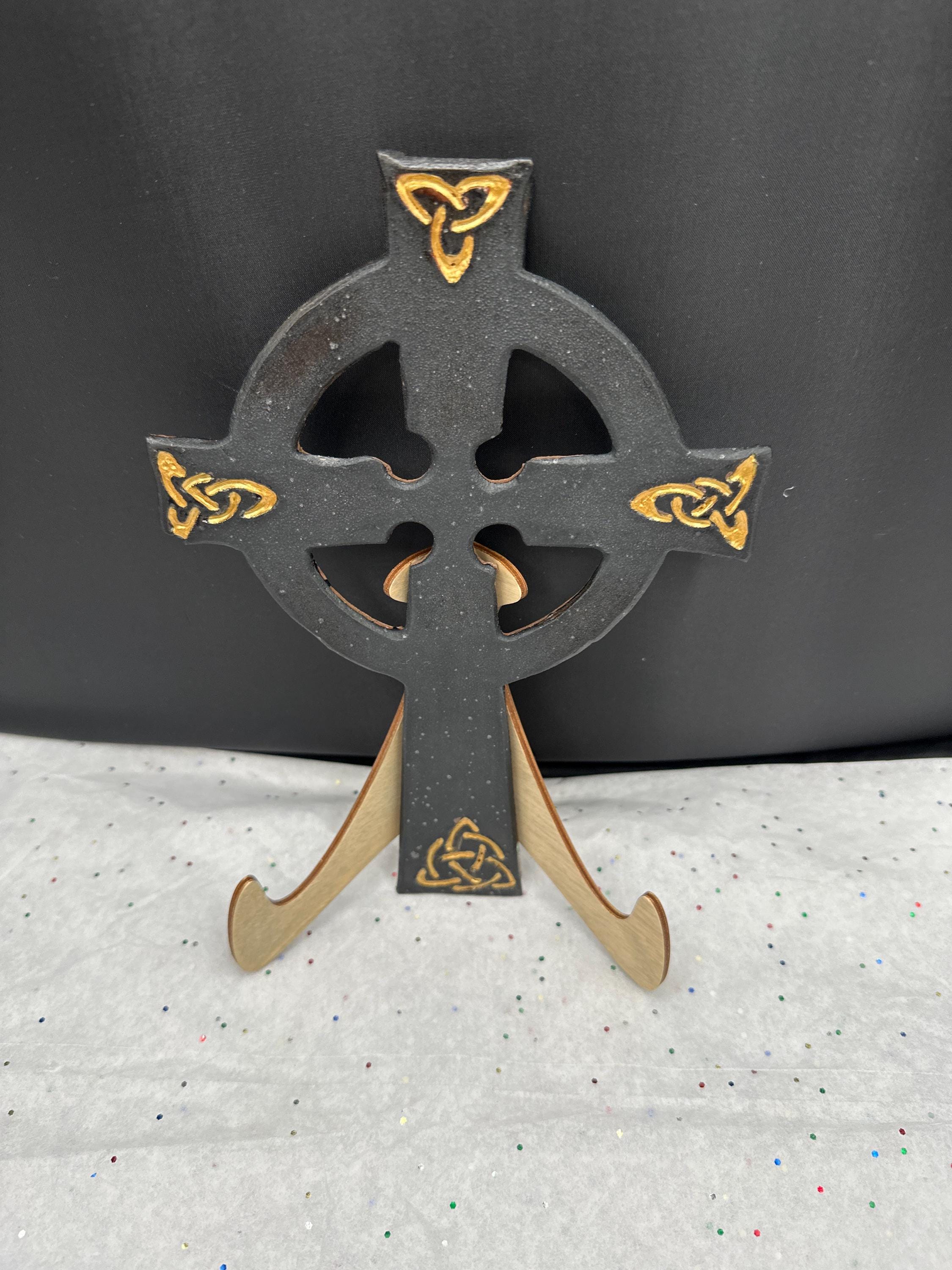 Hand Crafted Celtic Cross: Matte Black & Gold Gilded Pottery