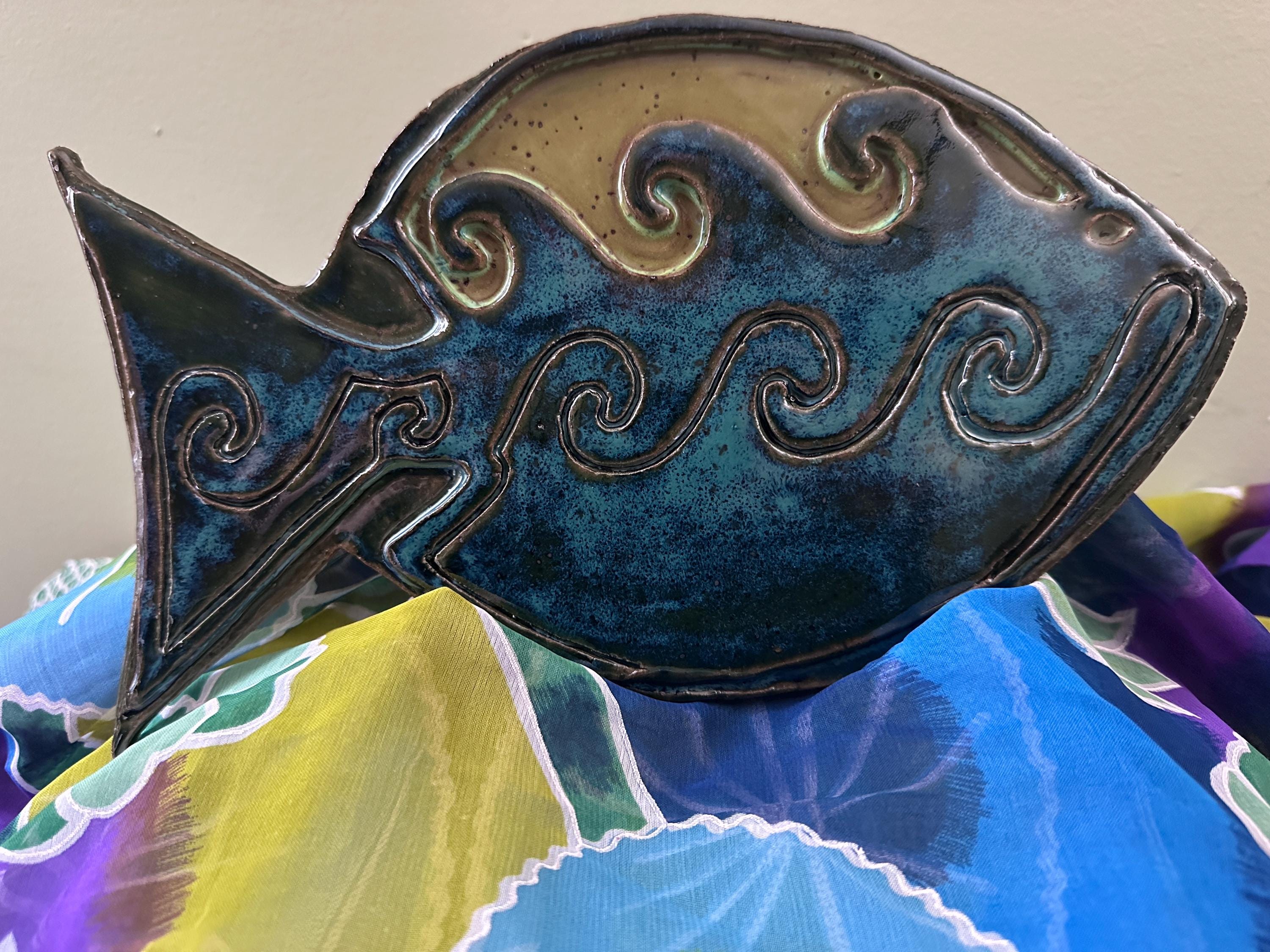 Carved Fishtown Fish Sculpture: Mottled Turquoise Glaze