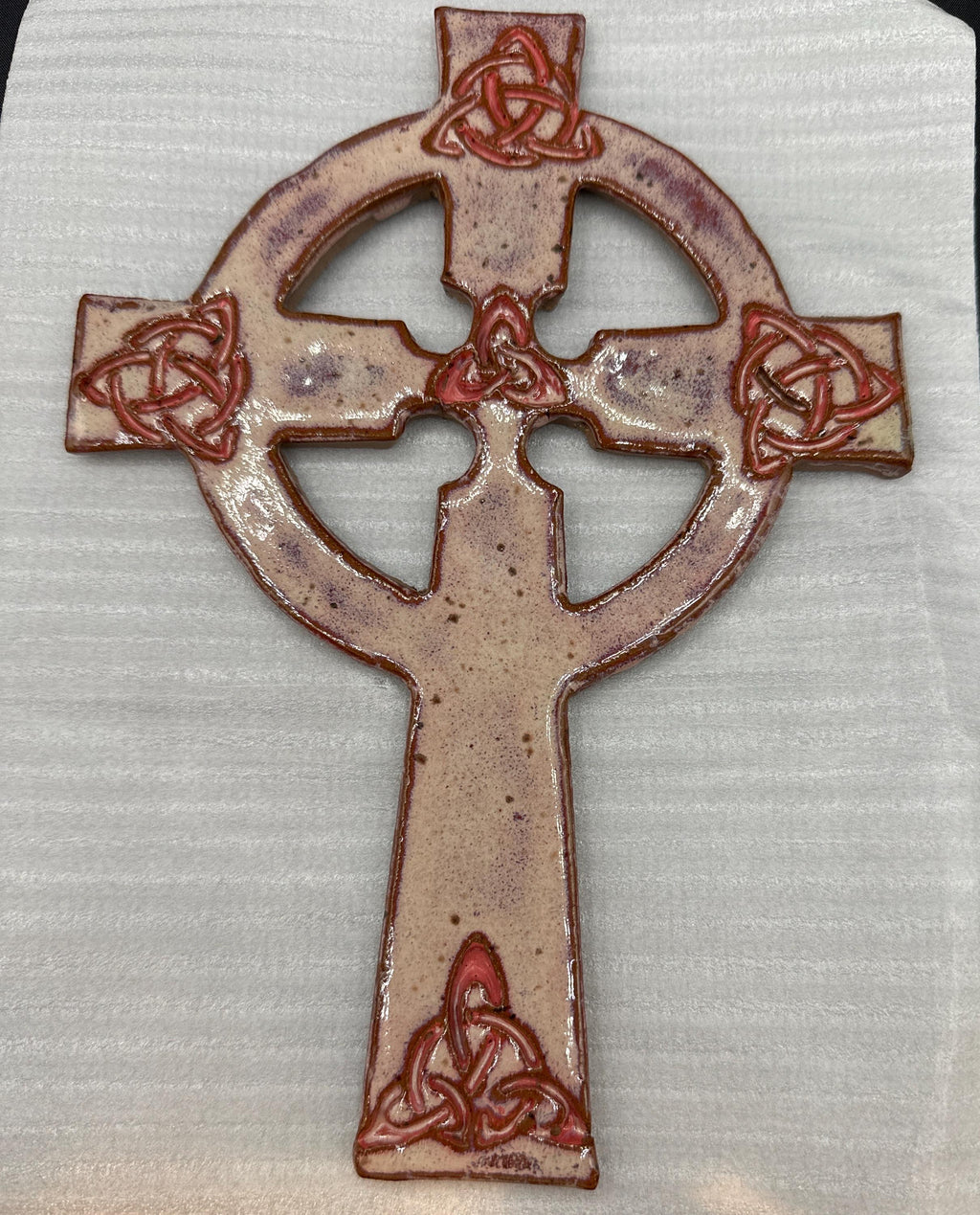 Hand Carved Celtic Cross: Pinkish-Salmon Pottery with Gold Gilding