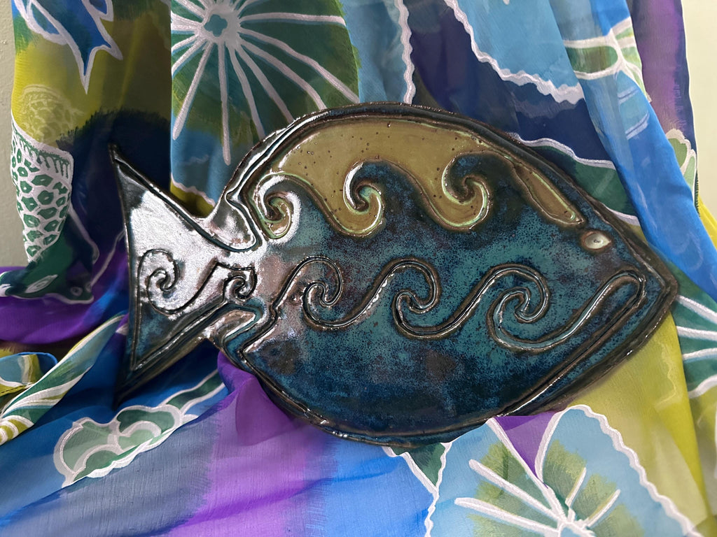 Carved Fishtown Fish Sculpture: Mottled Turquoise Glaze