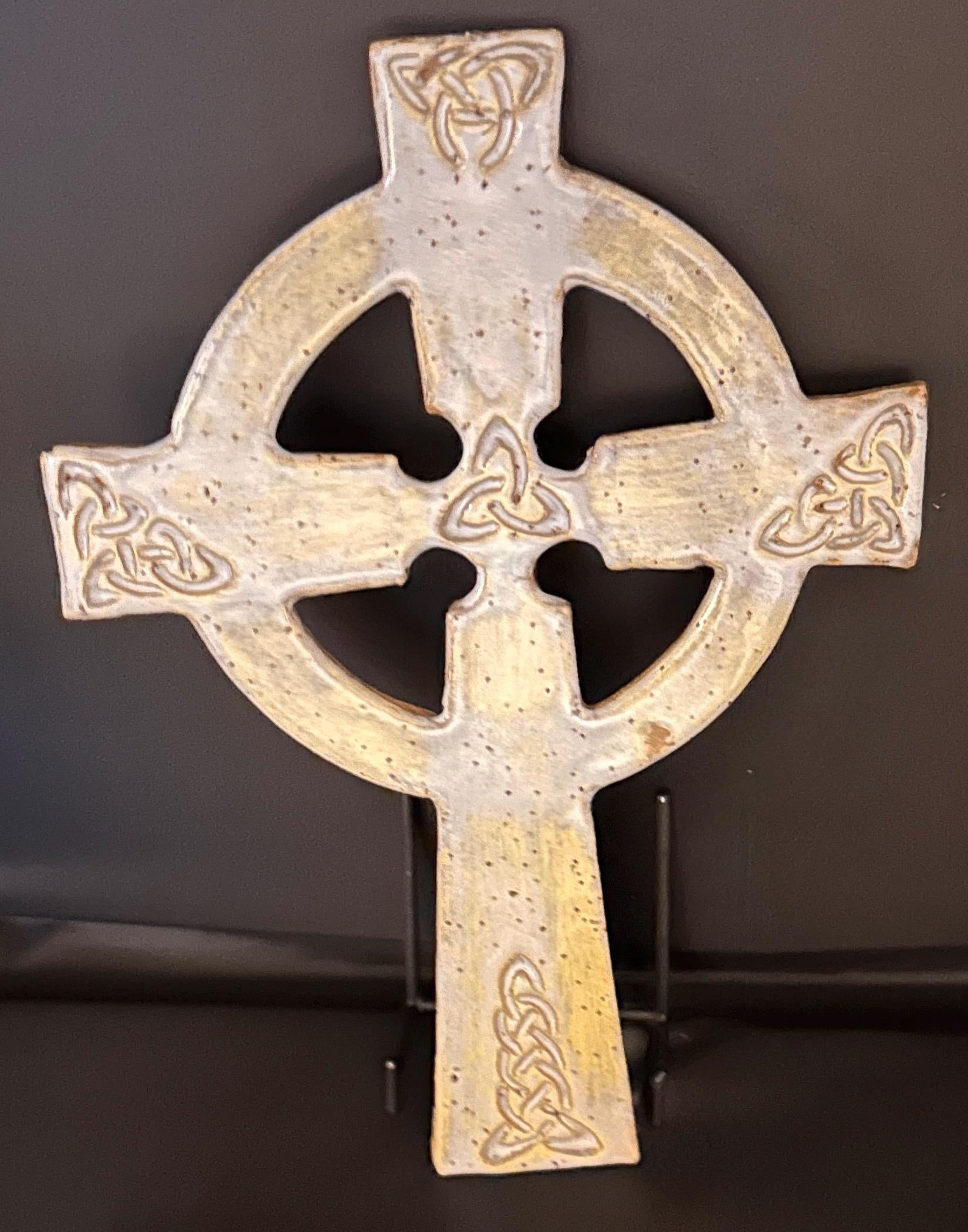 Hand Crafted Celtic Cross: Mottled Green Pottery Wall Decor