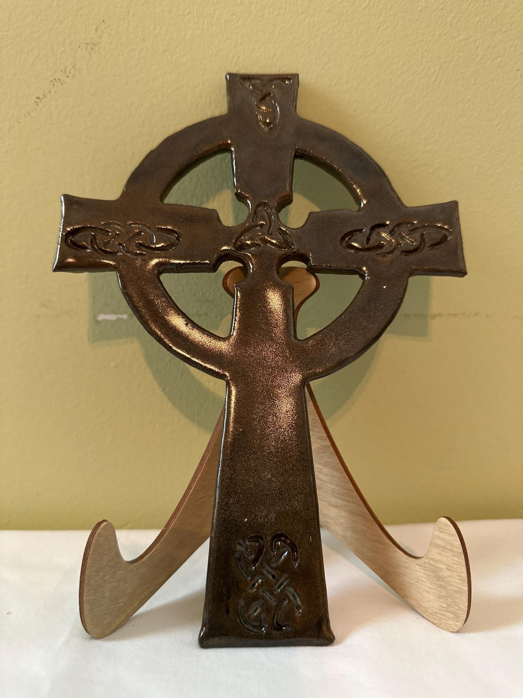 Hand Carved Celtic Cross: Moss Green Glaze, Ready to Hang