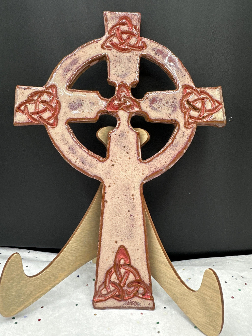 Hand Carved Celtic Cross: Pinkish-Salmon Pottery with Gold Gilding