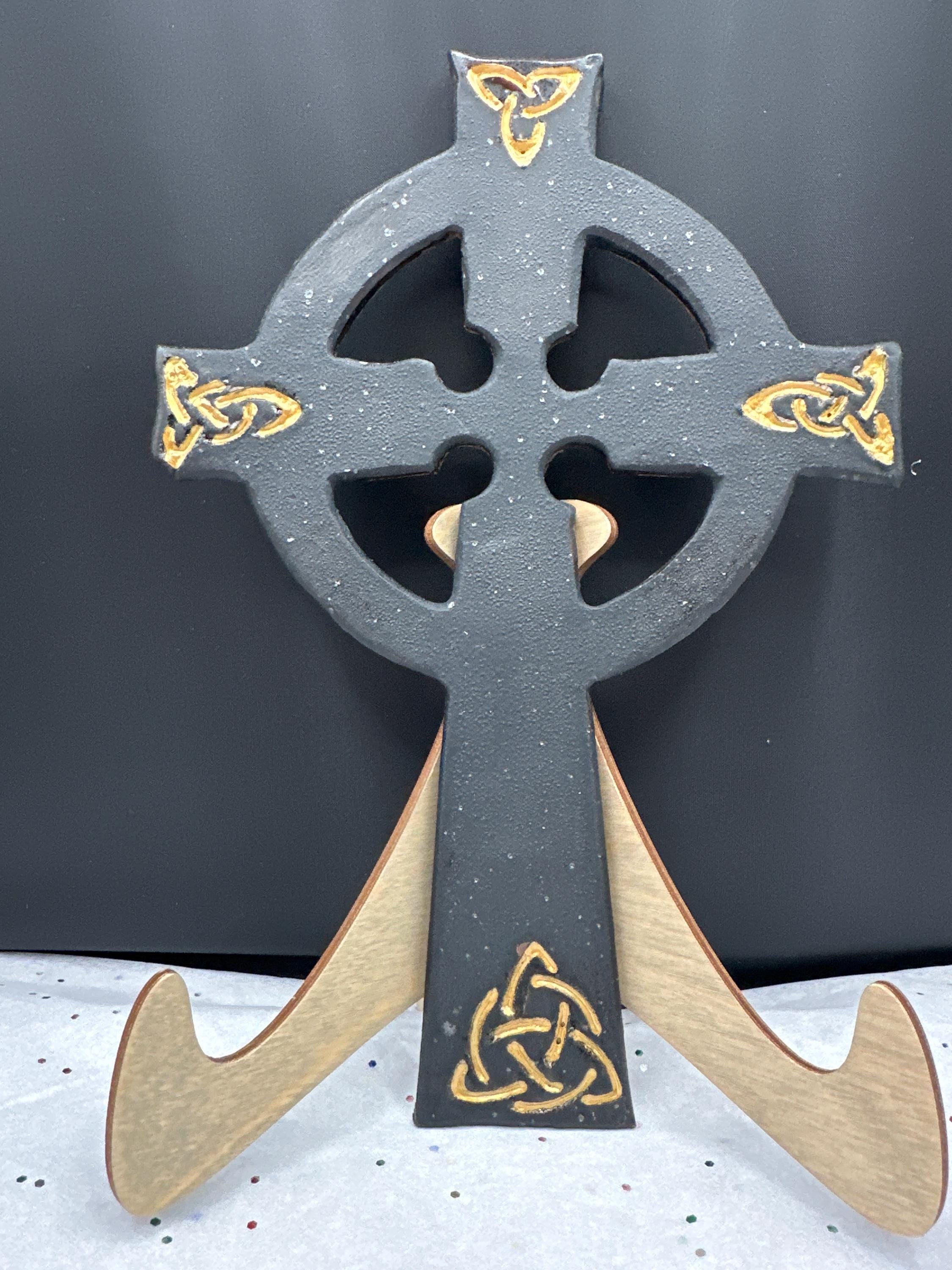 Hand Crafted Celtic Cross: Matte Black & Gold Gilded Pottery