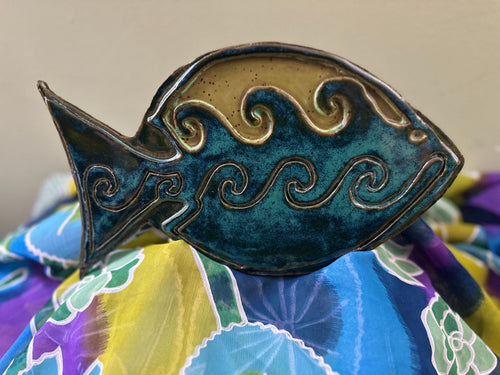 Carved Fishtown Fish Sculpture: Mottled Turquoise Glaze