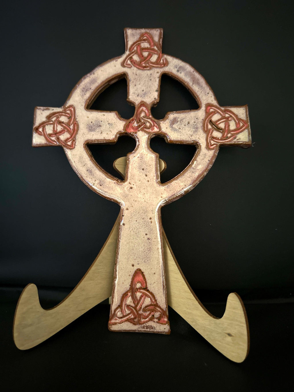 Hand Carved Celtic Cross: Pinkish-Salmon Pottery with Gold Gilding