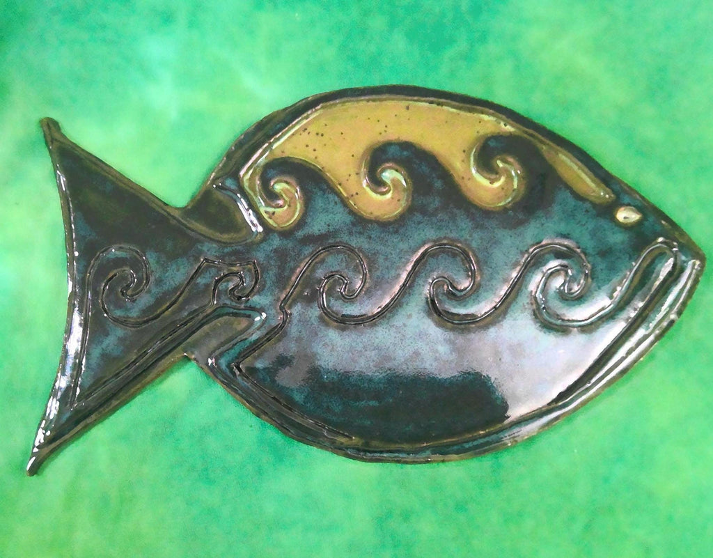 Carved Fishtown Fish Sculpture: Mottled Turquoise Glaze