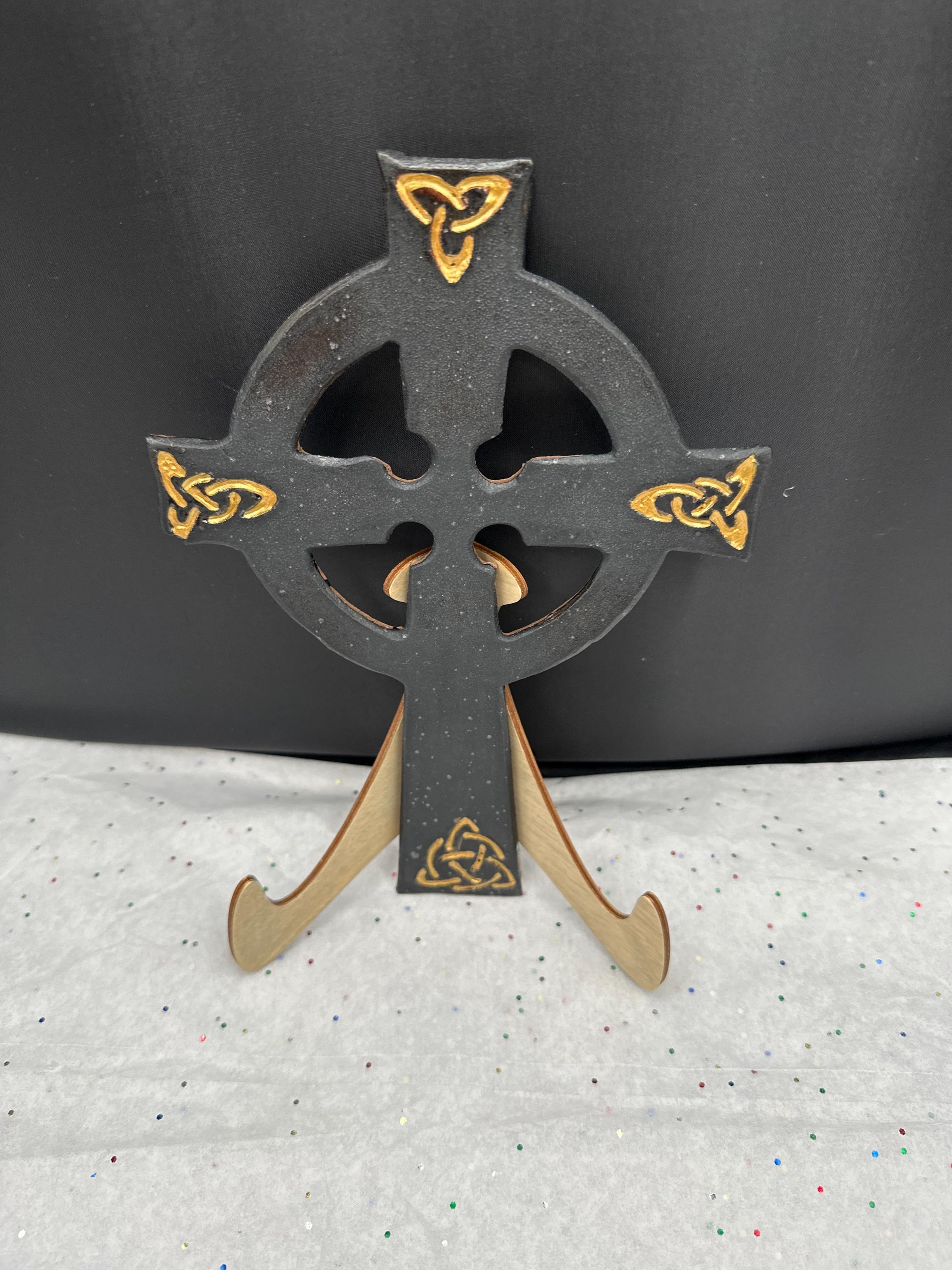 Hand Crafted Celtic Cross: Matte Black & Gold Gilded Pottery