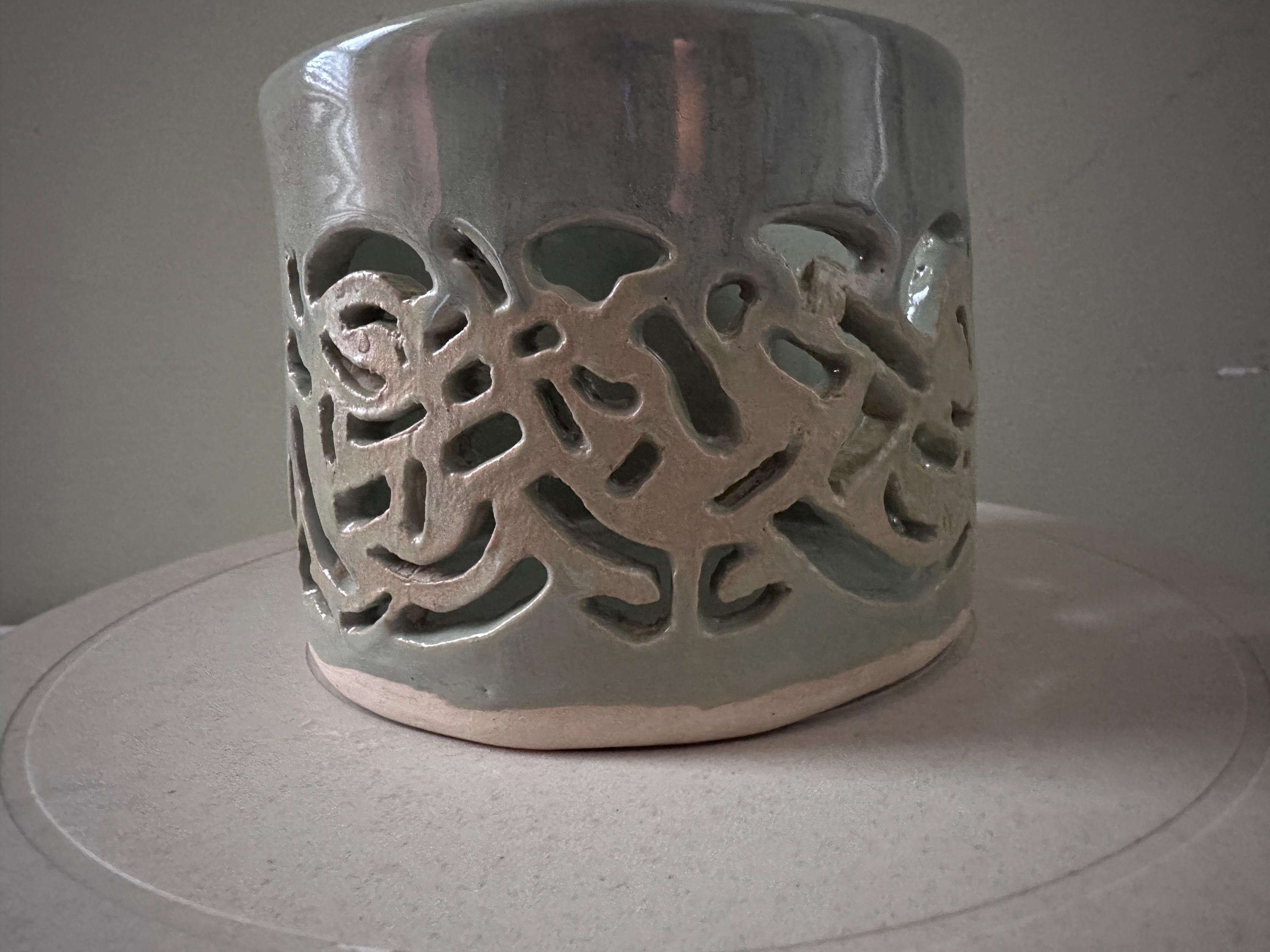 Hand Carved Celtic Pottery Votive: Dragonflies & Starry Night Glaze
