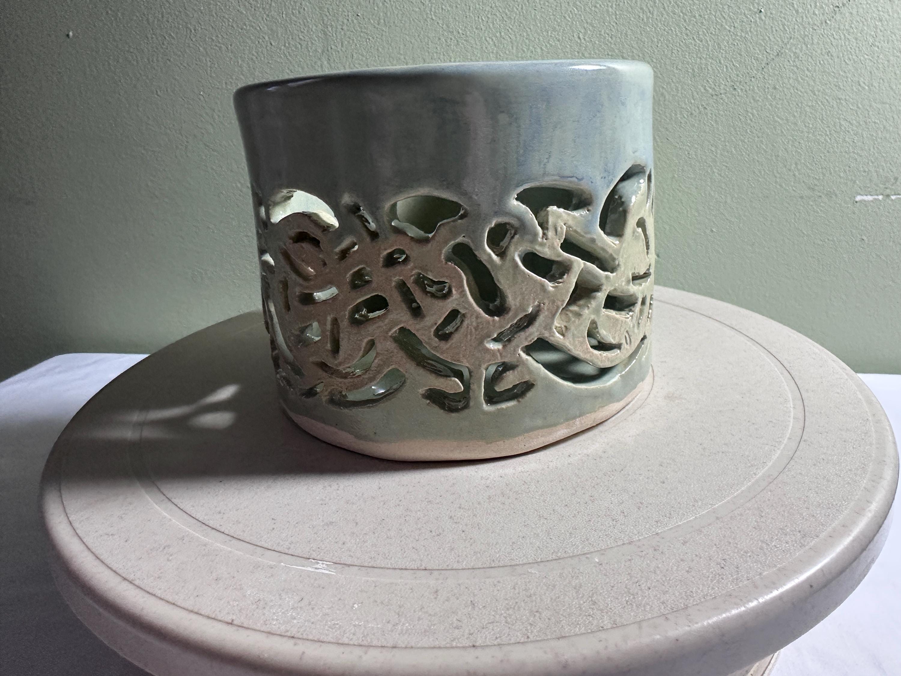 Hand Carved Celtic Pottery Votive: Dragonflies & Starry Night Glaze
