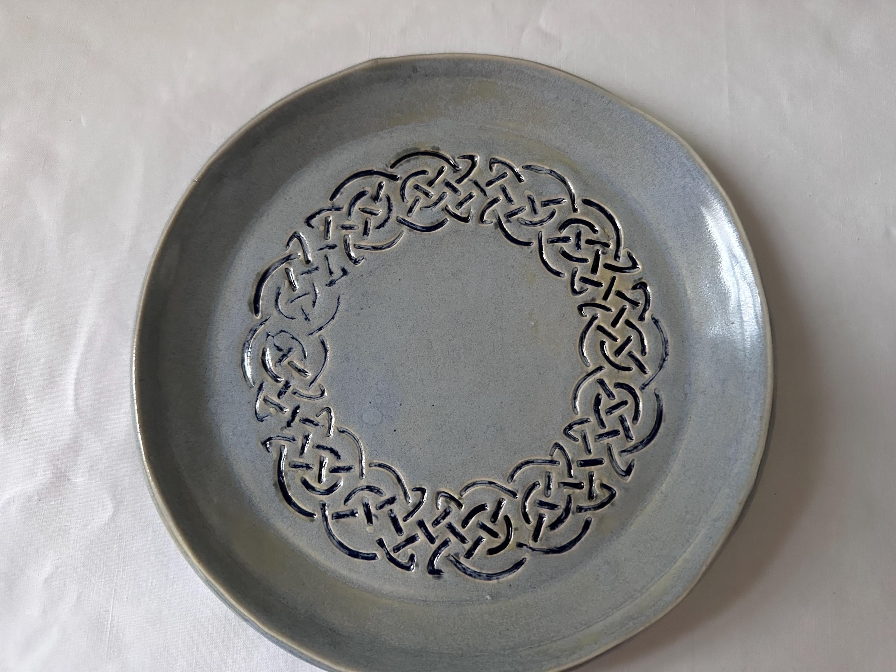Hand Carved Celtic Knot Dish: Pale Blue Glaze