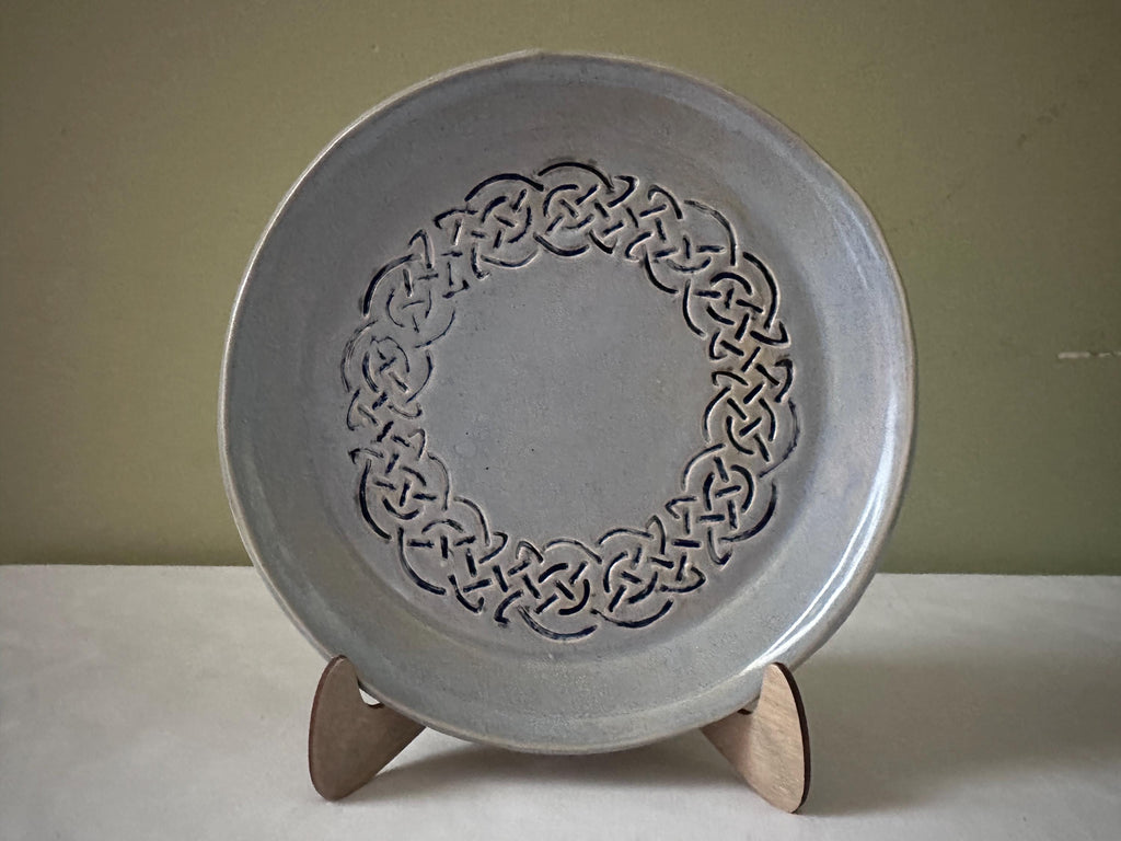 Hand Carved Celtic Knot Dish: Pale Blue Glaze