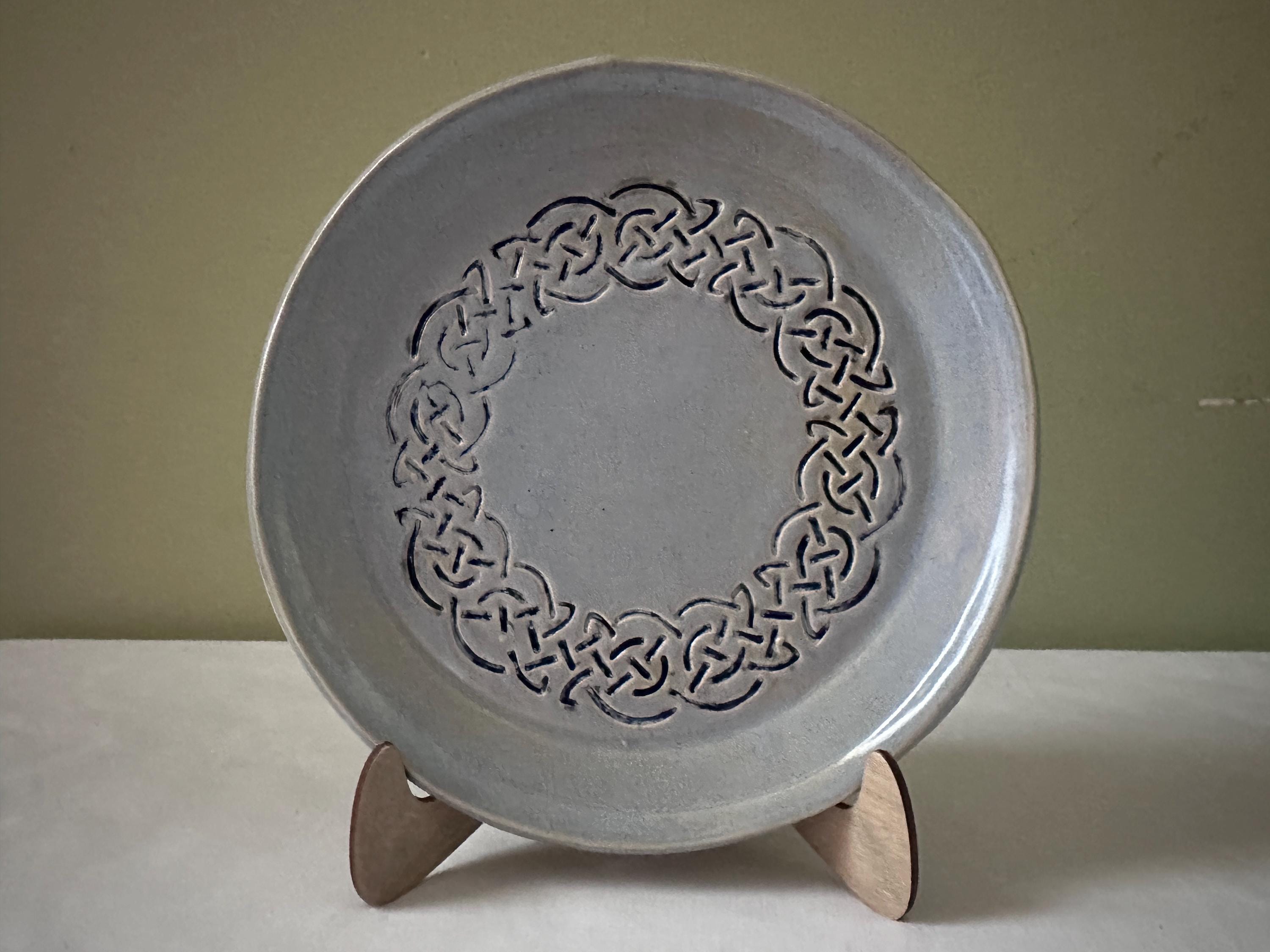 Hand Carved Celtic Knot Dish: Pale Blue Glaze