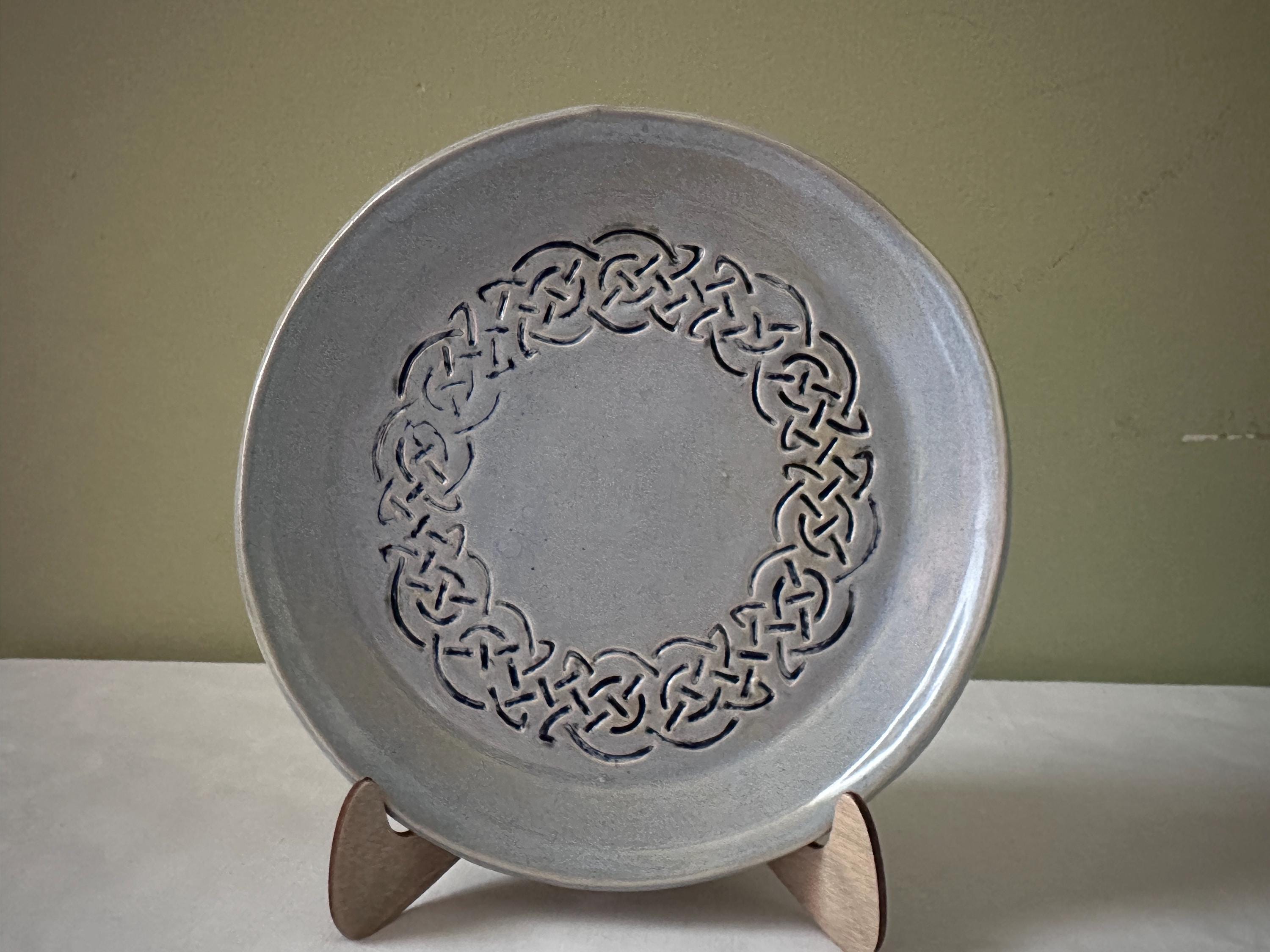 Hand Carved Celtic Knot Dish: Pale Blue Glaze