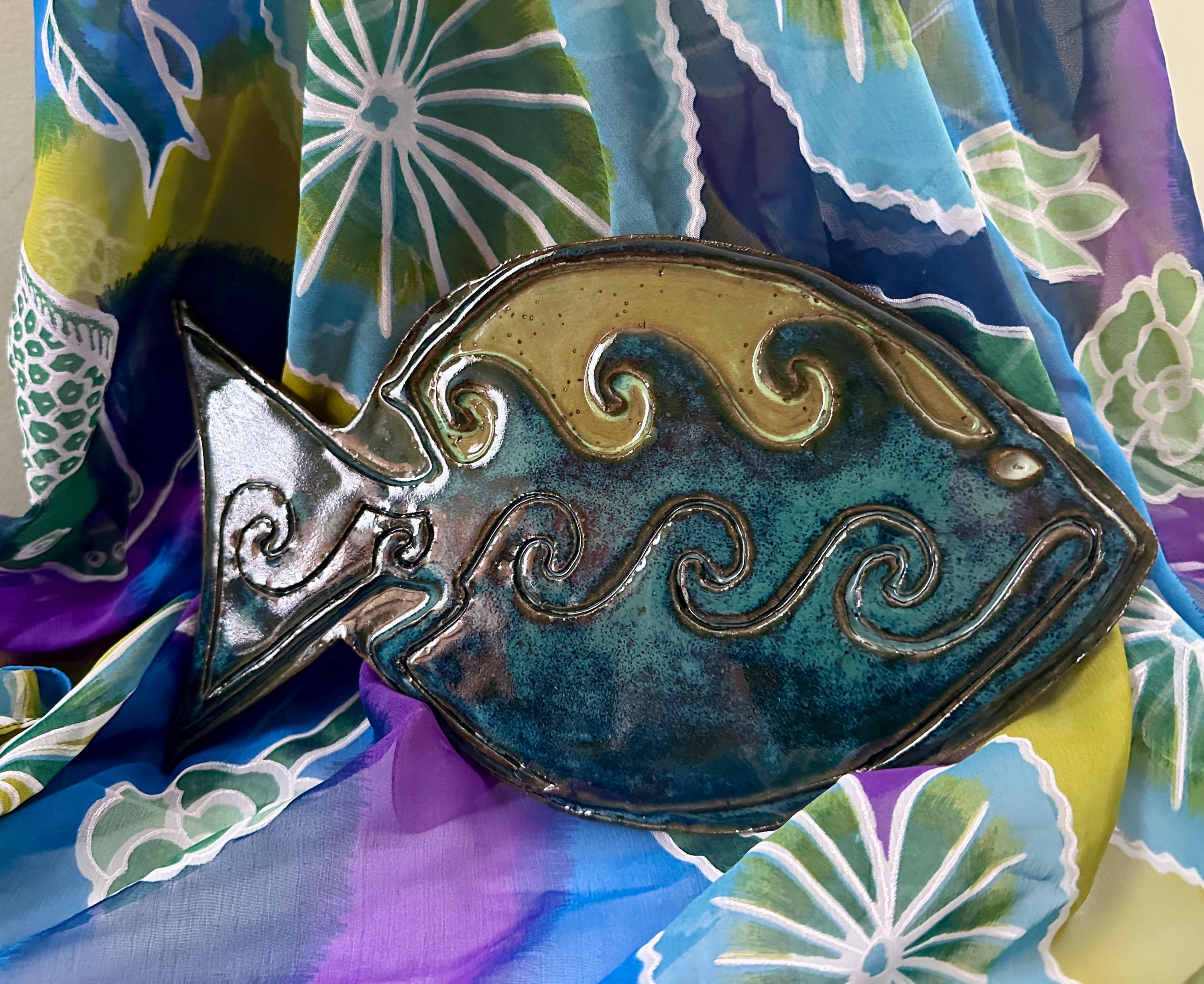 Carved Fishtown Fish Sculpture: Mottled Turquoise Glaze