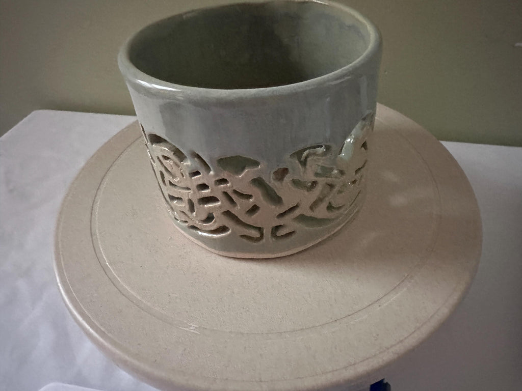 Hand Carved Celtic Pottery Votive: Dragonflies & Starry Night Glaze