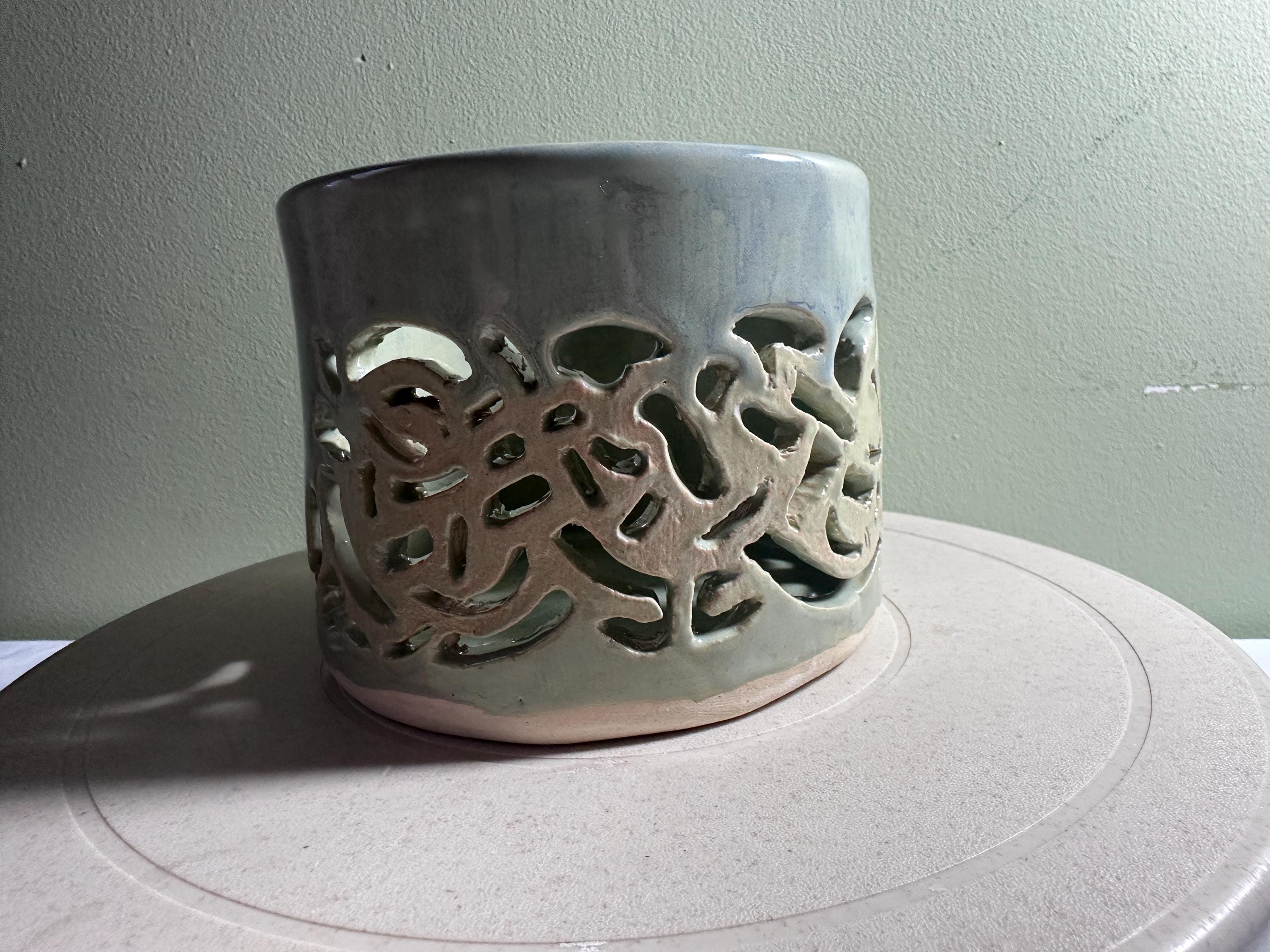 Hand Carved Celtic Pottery Votive: Dragonflies & Starry Night Glaze