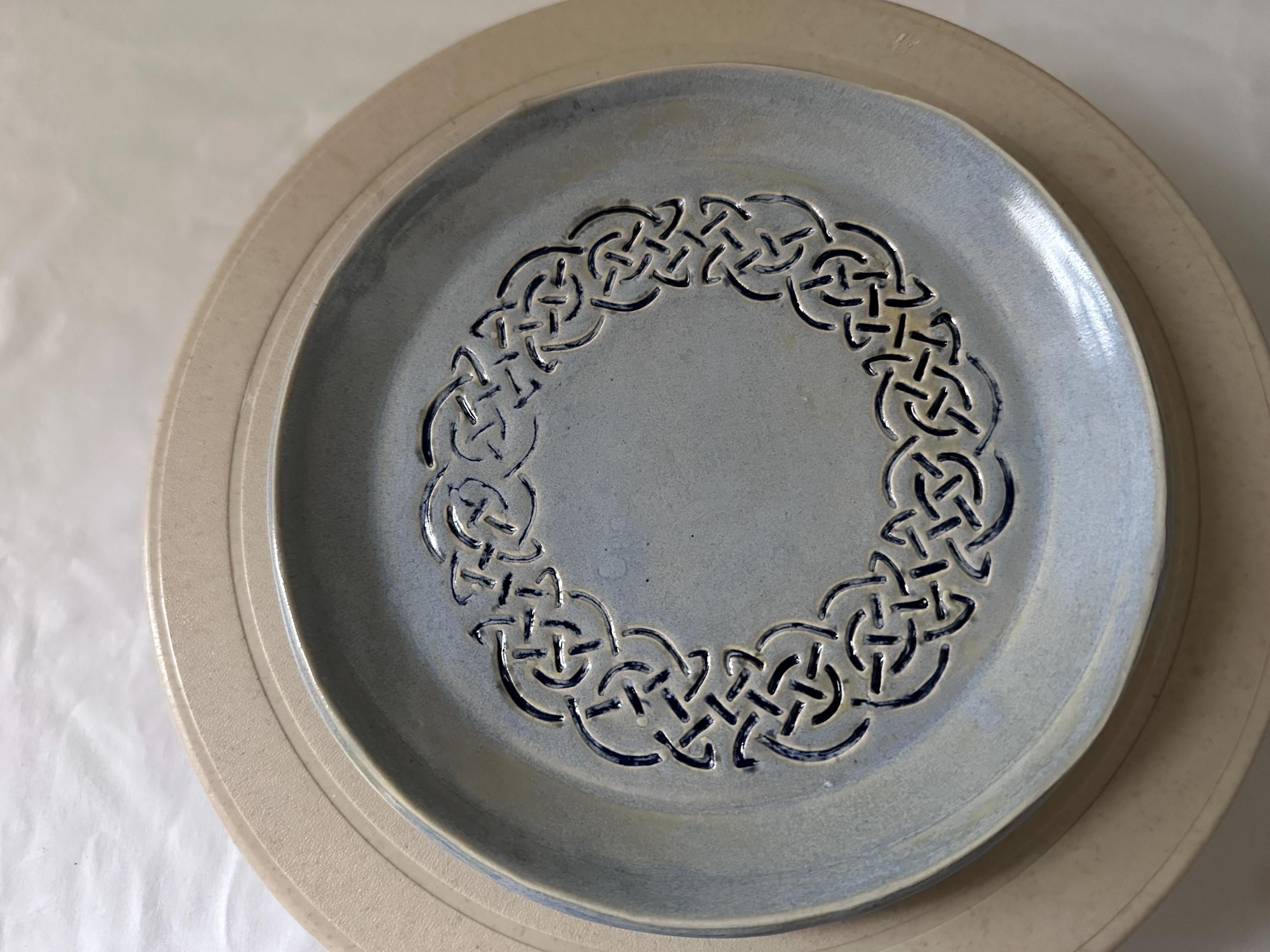 Hand Carved Celtic Knot Dish: Pale Blue Glaze