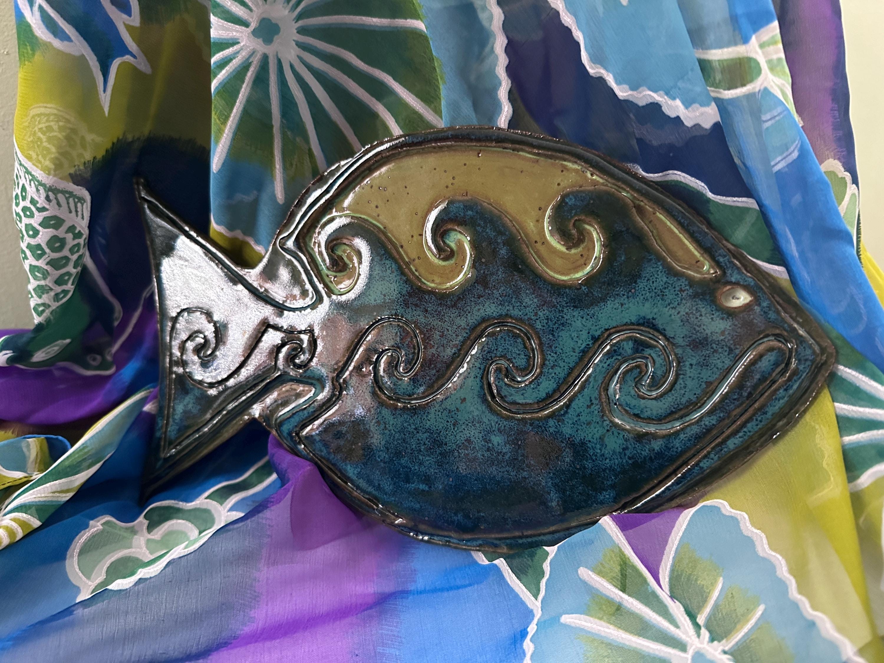 Carved Fishtown Fish Sculpture: Mottled Turquoise Glaze