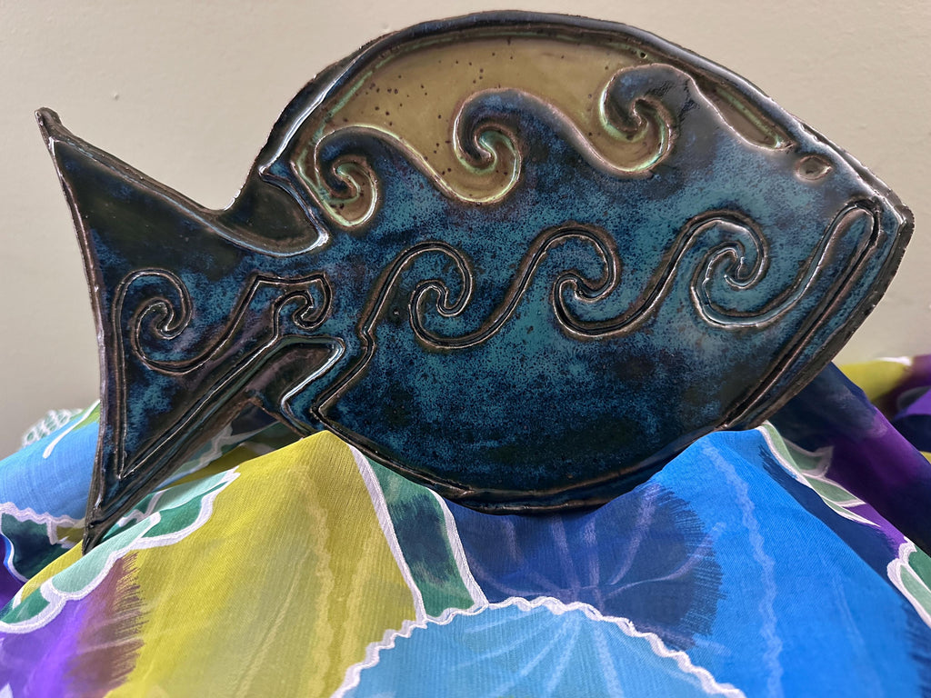Carved Fishtown Fish Sculpture: Mottled Turquoise Glaze
